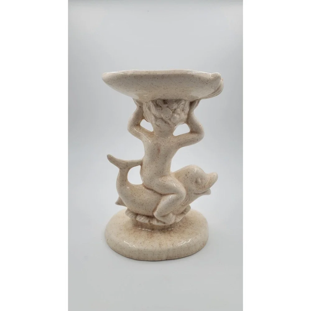 Vintage MCM Holland Mold Cherub Boy on Dolphin Pedestal Soap Dish Sand‎ Speckled